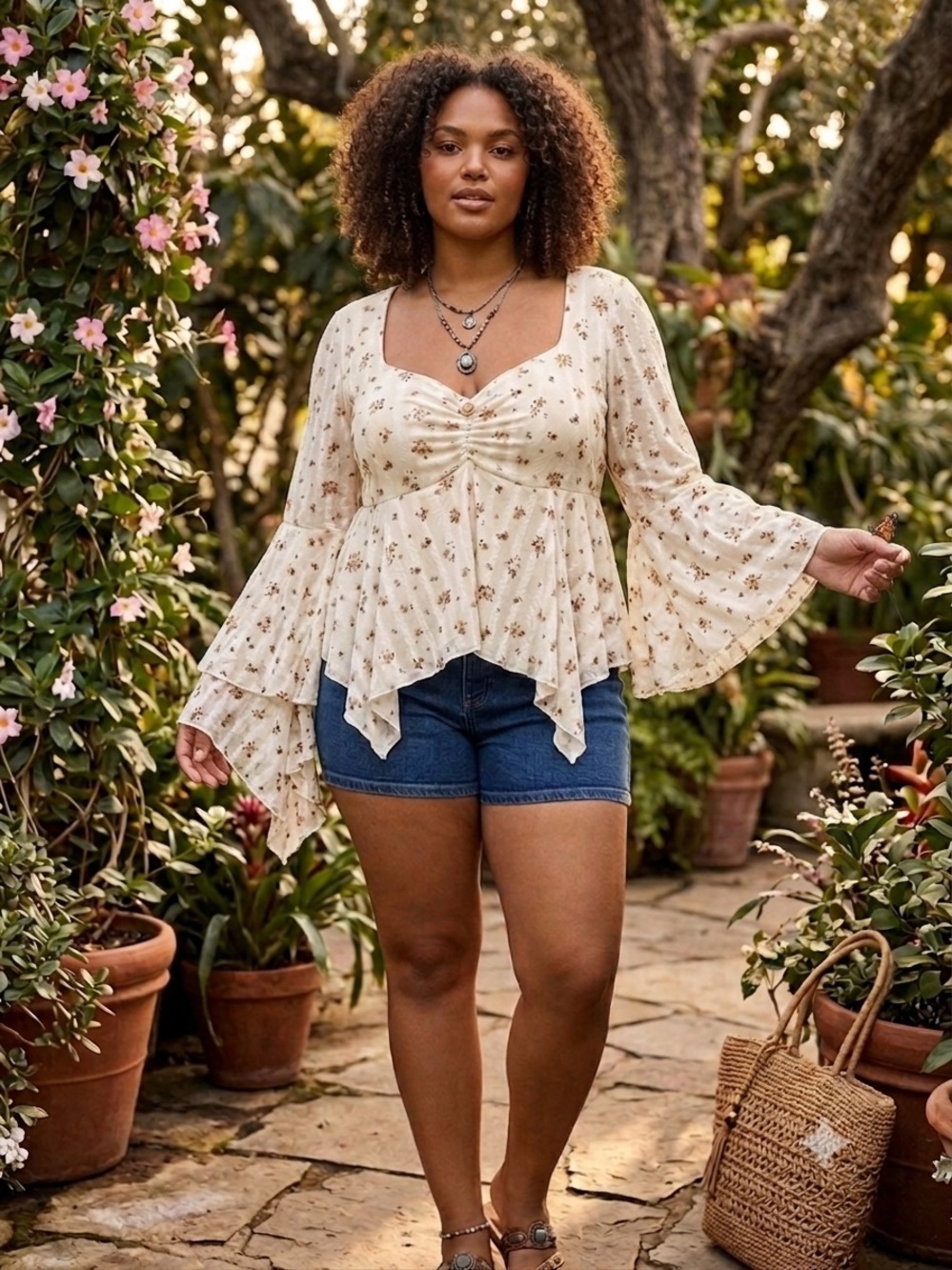 RSQ Cream Floral Ruched Handkerchief-Hem Blouse. Boho, Chic, Cottage, Fairy